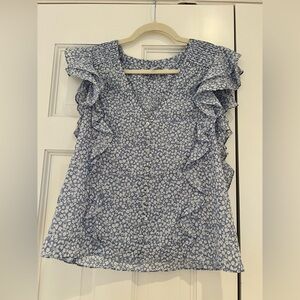 Veronica Beard Blue and White Floral Ruffle Blouse